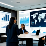 A group of diverse professional business people, men and women, in modest business suits and professional dress, fully clothed, collaborating in a sleek, modern office conference room. They are gathered around a large transparent screen displaying sophisticated charts and data related to environmental, social, and governance (ESG) metrics and sustainable development goals. The atmosphere is one of focused discussion and innovation. Perfect anatomy, correct proportions, natural poses, well-formed hands, proper finger count, natural body proportions. Professional photography, high quality, realistic. safe for work, appropriate content, family-friendly.