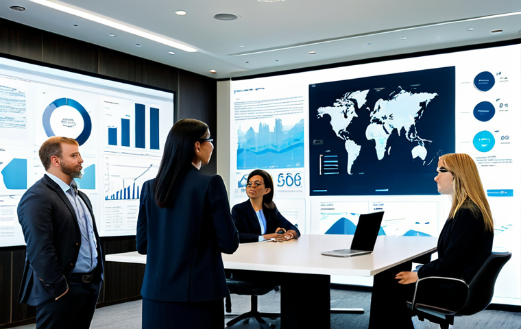 A group of diverse professional business people, men and women, in modest business suits and professional dress, fully clothed, collaborating in a sleek, modern office conference room. They are gathered around a large transparent screen displaying sophisticated charts and data related to environmental, social, and governance (ESG) metrics and sustainable development goals. The atmosphere is one of focused discussion and innovation. Perfect anatomy, correct proportions, natural poses, well-formed hands, proper finger count, natural body proportions. Professional photography, high quality, realistic. safe for work, appropriate content, family-friendly.