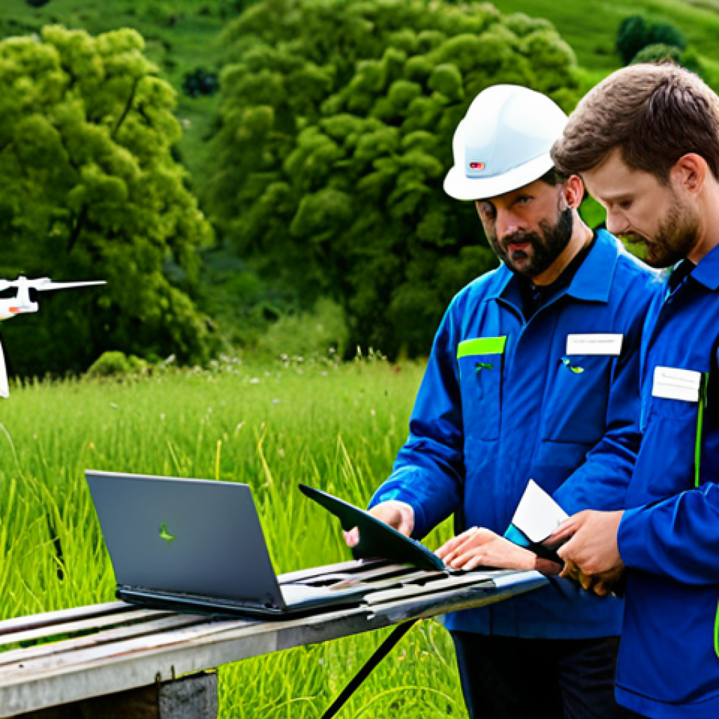 환경영향평가와 환경 복원 기술 - Integrating Technology**

"A team of environmental scientists, fully clothed in professional field a...