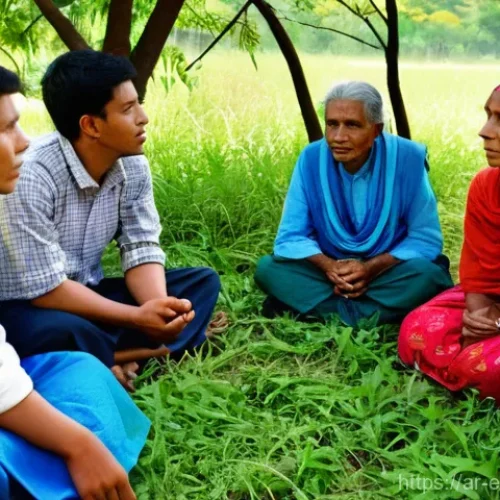 환경영향평가사의 커뮤니케이션 스킬 - **Prompt 1: Active Listening and Empathy in a Rural Setting**
    "A wide-angle shot of a diverse gr...