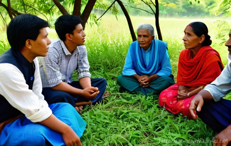 환경영향평가사의 커뮤니케이션 스킬 - **Prompt 1: Active Listening and Empathy in a Rural Setting**
    "A wide-angle shot of a diverse gr...