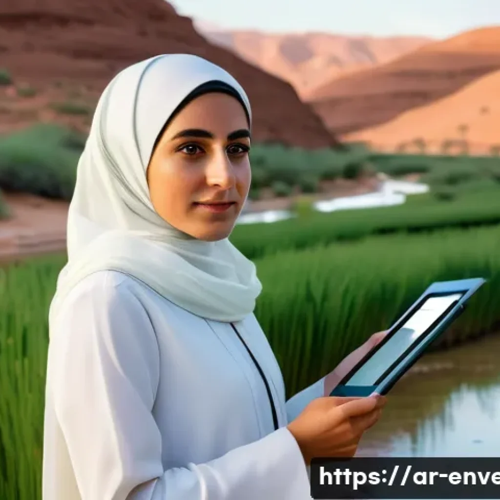 환경영향평가사와 관련된 직무 스펙트럼 - **Prompt:** An Arab environmental expert, a woman in her late 20s, wearing a contemporary, modest pr...