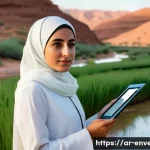 환경영향평가사와 관련된 직무 스펙트럼 - **Prompt:** An Arab environmental expert, a woman in her late 20s, wearing a contemporary, modest pr...