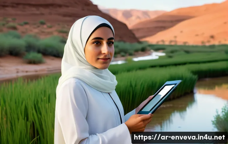 환경영향평가사와 관련된 직무 스펙트럼 - **Prompt:** An Arab environmental expert, a woman in her late 20s, wearing a contemporary, modest pr...