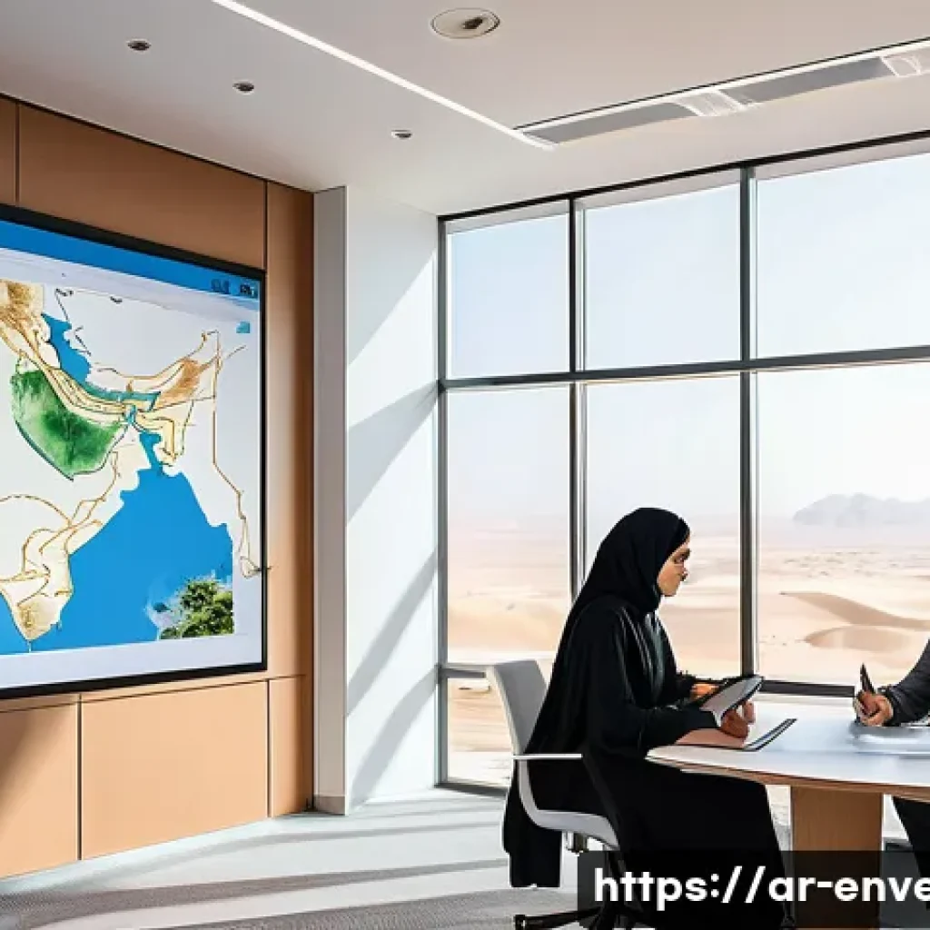 환경영향평가서 심사 통과 전략 - A professional Arabic environmental consultant team working collaboratively in a modern office with ...
