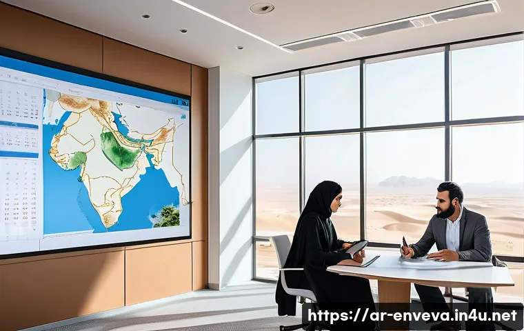 환경영향평가서 심사 통과 전략 - A professional Arabic environmental consultant team working collaboratively in a modern office with ...