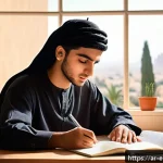 Home 21 환경영향평가사 시험 준비 시간 관리 - A serene study room bathed in soft morning sunlight, featuring a young Arab student sitting at a tid...