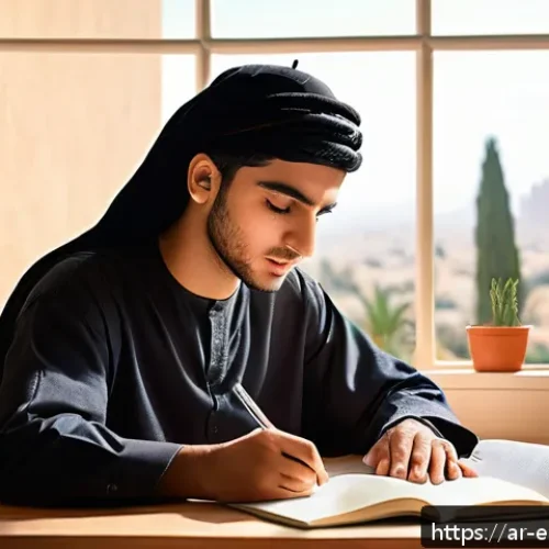 Home 33 환경영향평가사 시험 준비 시간 관리 - A serene study room bathed in soft morning sunlight, featuring a young Arab student sitting at a tid...