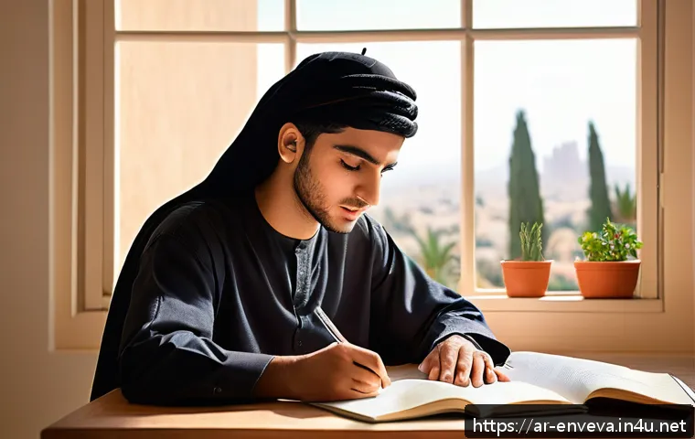 환경영향평가사 시험 준비 시간 관리 - A serene study room bathed in soft morning sunlight, featuring a young Arab student sitting at a tid...
