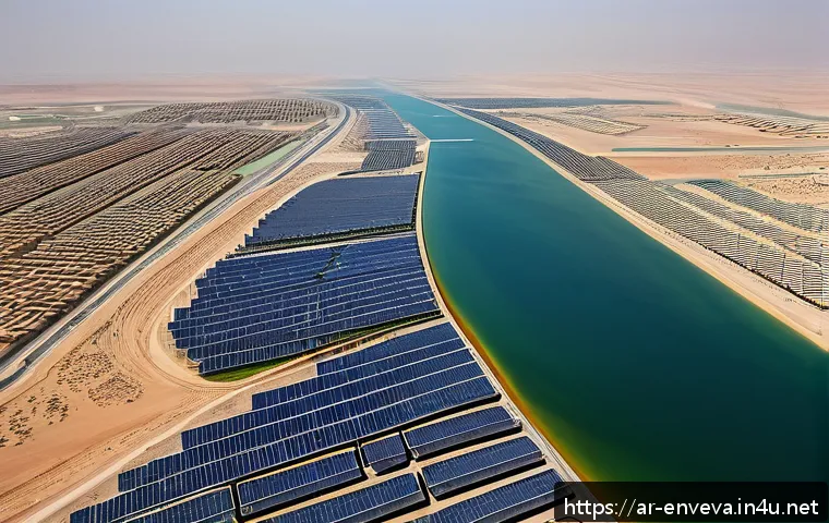환경영향평가와 공공정책 영향 분석 - A detailed aerial view of a large-scale sustainable infrastructure project in the UAE, showcasing ec...