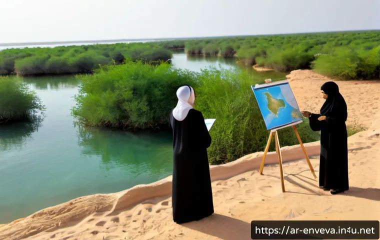 환경영향평가 관련 주요 국제 기준 - Photorealistic environmental impact assessment meeting in a modern Gulf-region planning office, Arab...