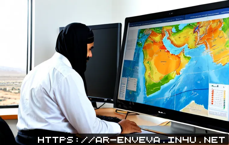 환경영향평가 관련 소프트웨어 추천 - Photorealistic environmental consultant in modest professional attire reviewing a clean geographic i...